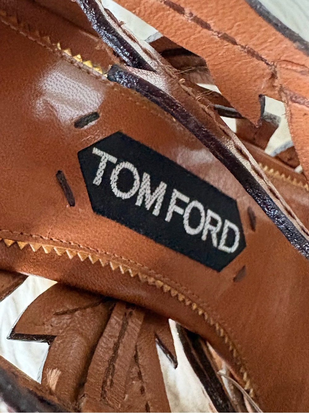Tom Ford Leaf Laser Cut Stitched Brown Leather Geometric Plexi Heel Sandals 37 - Picture 5 of 9